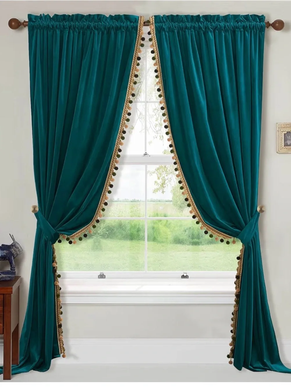 2 Panels Teal Velvet Window 96 “ Curtains with Gold Trim and Pom-Pom Accents - Picture 1 of 9